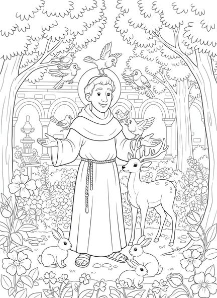 San Francisco rodeado de animales, página para colorear de San Francisco de Asís para niños de Escuela Dominical de 5 a 12 años.