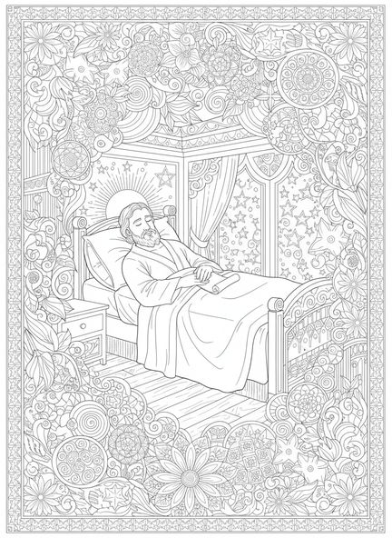 San José soñando, página para colorear de San José estilo journaling bíblico para adultos.