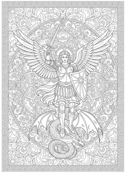 San Miguel derrotando a un dragón, página para colorear de San Miguel en estilo de journaling bíblico para adultos
