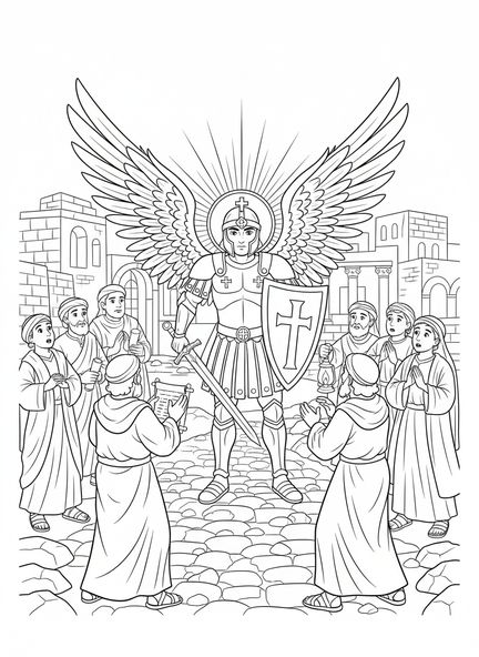 San Miguel con armadura, página para colorear de San Miguel para niños de Escuela Dominical de 5 a 12 años.