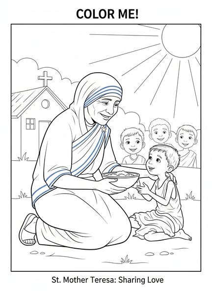 Santa Madre Teresa de pie, página para colorear de Santa Madre Teresa para niños de 5 a 10 años