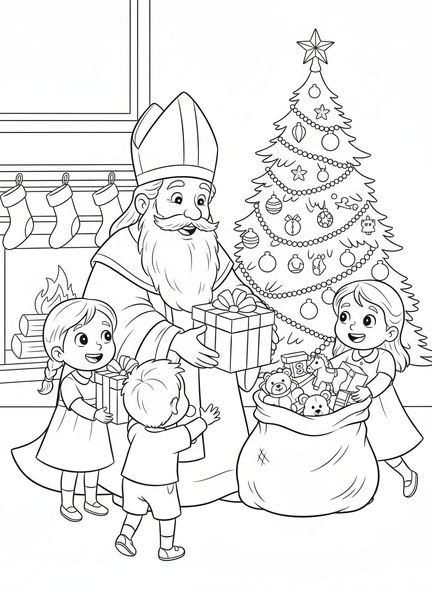 San Nicolás con saco de juguetes, página para colorear de San Nicolás para niños de 5 a 10 años.