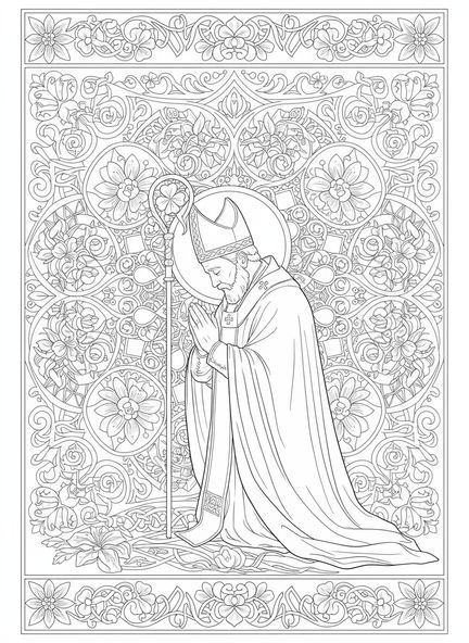 San Patricio orando, página para colorear de San Patricio estilo Biblia para adultos