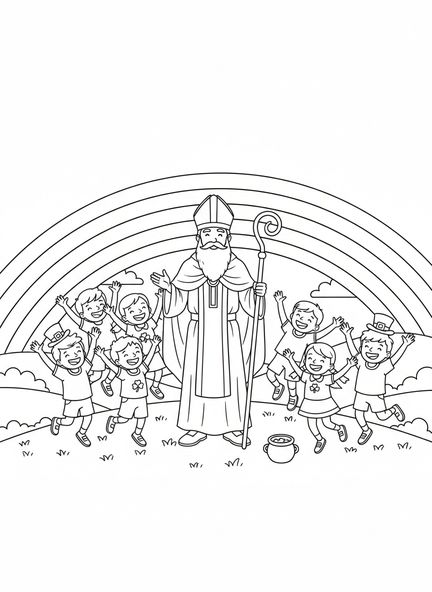 San Patricio con niños, página para colorear de San Patricio para niños de 5 a 10 años.