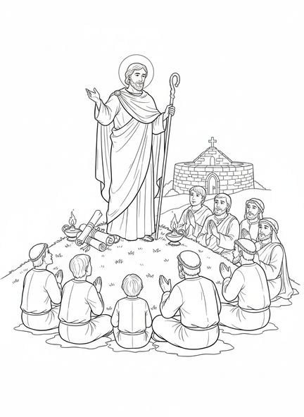 San Patricio predicando, página para colorear de San Patricio para niños de Escuela Dominical de 5 a 12 años