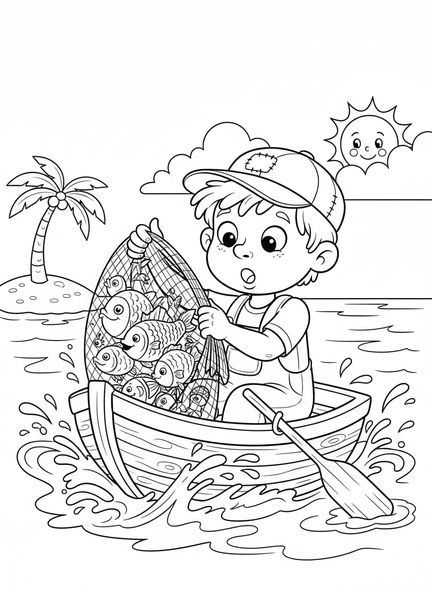 Pedro en un barco, página para colorear de San Pedro para niños de 5 a 10 años