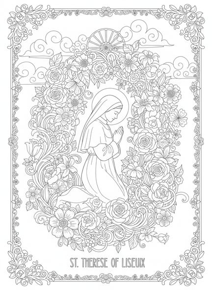 Santa Teresa en oración, página para colorear de Santa Teresa de Lisieux estilo journaling bíblico para adultos.