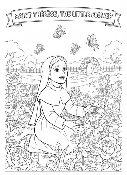 Santa Teresita cuidando flores, página para colorear de Santa Teresita de Lisieux para niños de 5 a 10 años