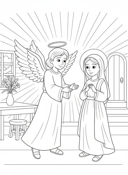 Ángel apareciendo a María, página para colorear de la Virgen María para niños de 5 a 10 años