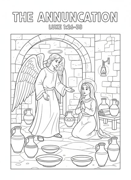 Ángel apareciendo a María, página para colorear de la Virgen María para niños de Escuela Dominical de 5 a 12 años.