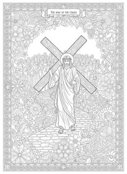 Jesús cargando la cruz, página para colorear de las Estaciones de la Cruz estilo para adultos en el diario bíblico.
