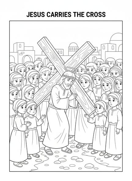 Jesús cargando la cruz, página para colorear de las Estaciones de la Cruz para niños de 5 a 10 años.