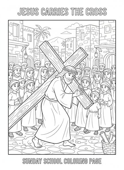Jesús cargando la cruz, página para colorear de las Estaciones de la Cruz para niños de Escuela Dominical de 5 a 12 años
