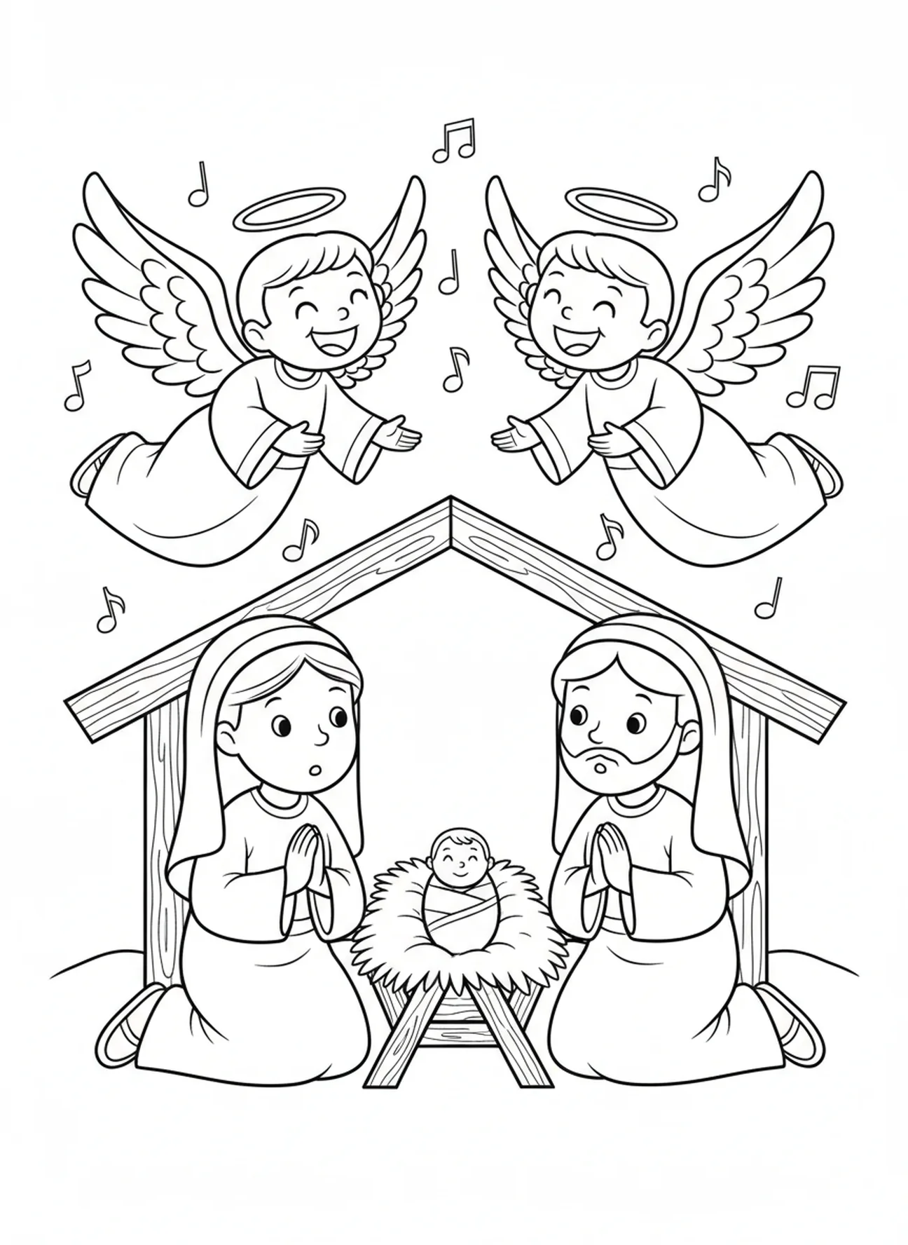 Engel singen freudig über der Krippe, Ausmalbild mit Engelshänden für Kinder im Alter von 5-10 Jahren.