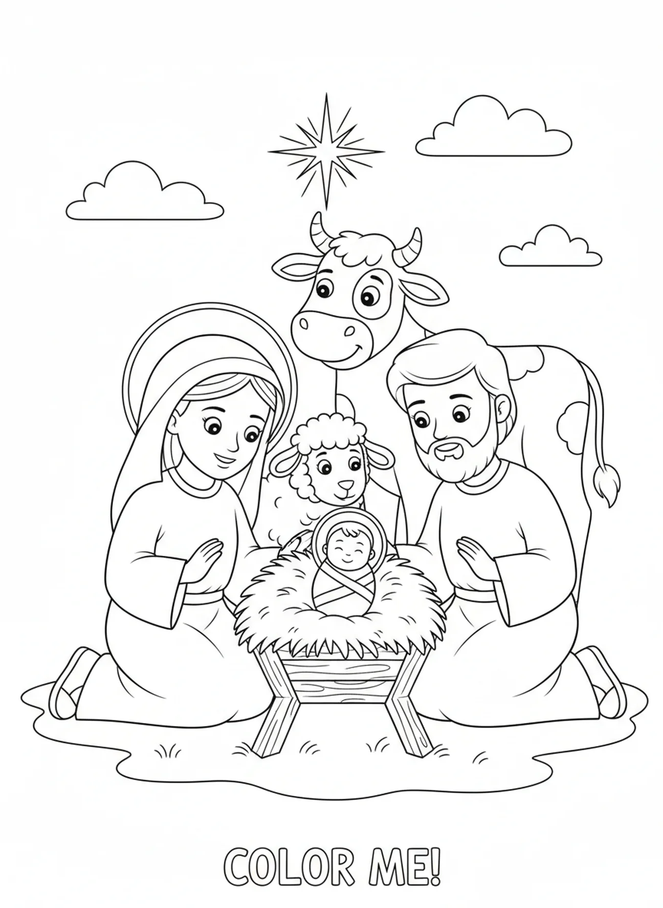Maria und Josef schauen liebevoll auf das Baby Jesus in der Krippe, Ausmalbild mit Engelshörnern für Kinder im Alter von 5-10 Jahren.