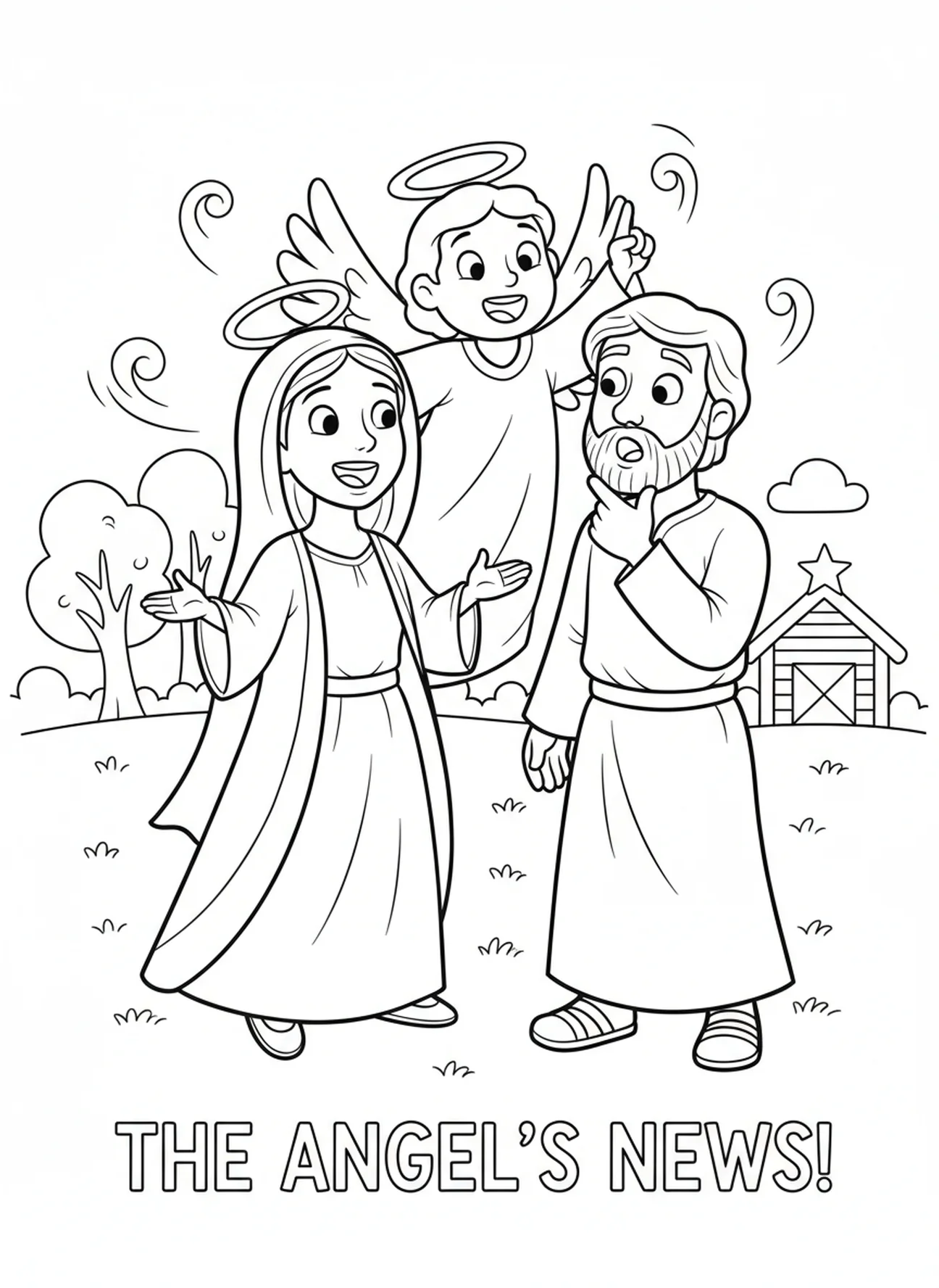 Maria erzählt begeistert Joseph die Neuigkeiten, Ausmalbild mit Engelshörnern für Kinder im Alter von 5-10 Jahren.