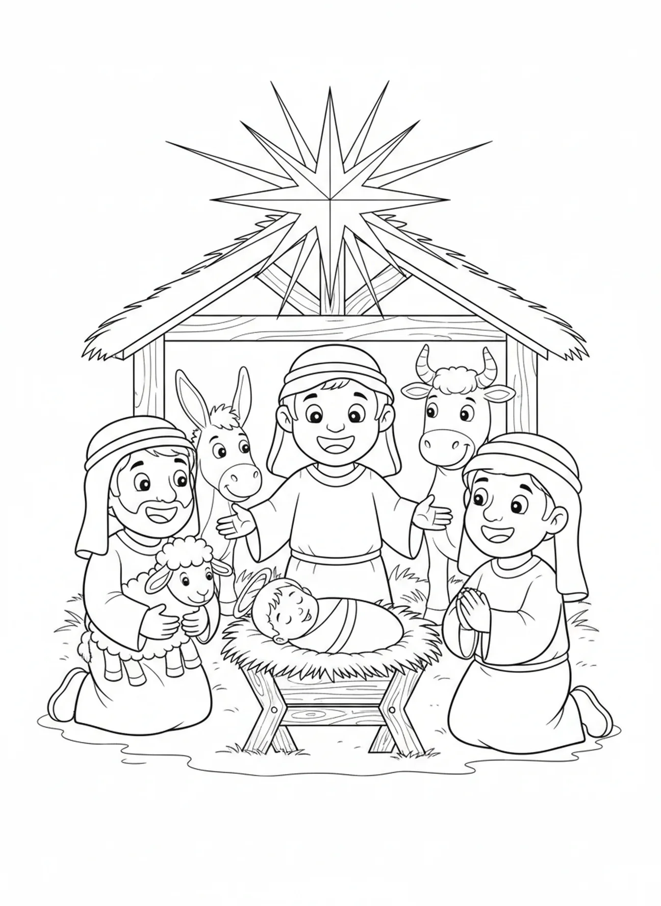 Fröhliche Hirten besuchen das Baby Jesus, Ausmalbild mit Engelshörnern für Kinder im Alter von 5-10 Jahren.