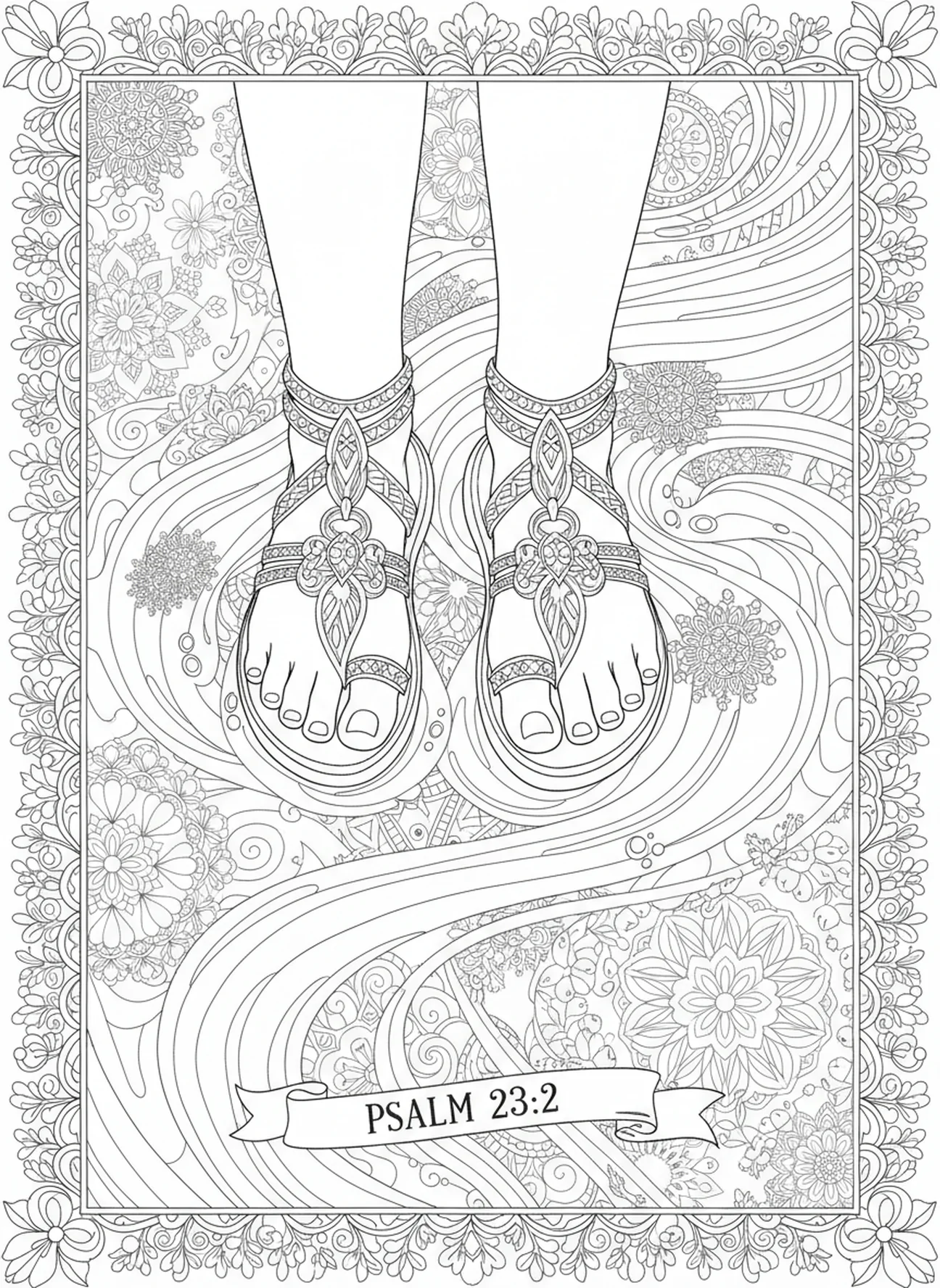 Feet adorned with sandals illustration, Armor Of God All coloring page for adults Bible journaling style