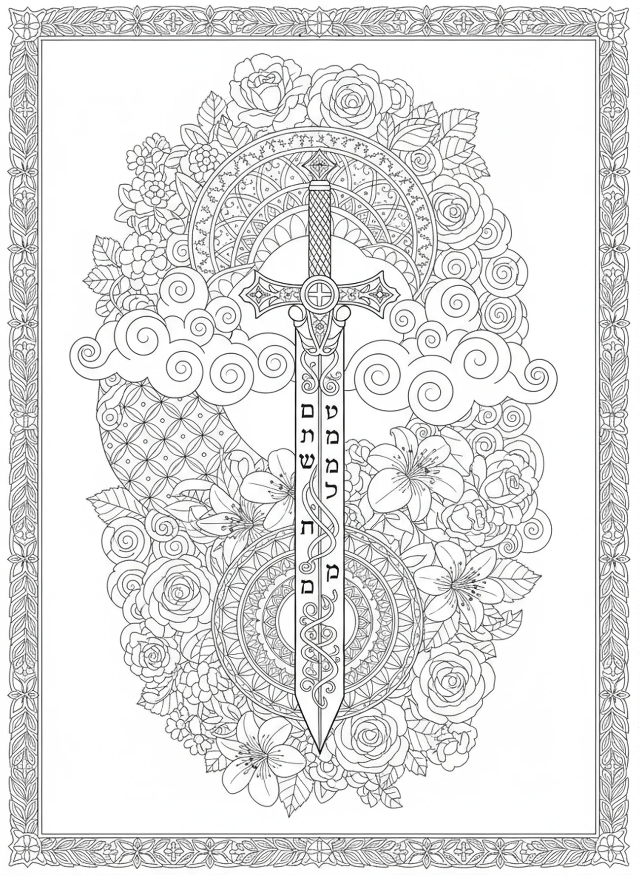 Intricate sword design, Armor Of God All coloring page for adults Bible journaling style