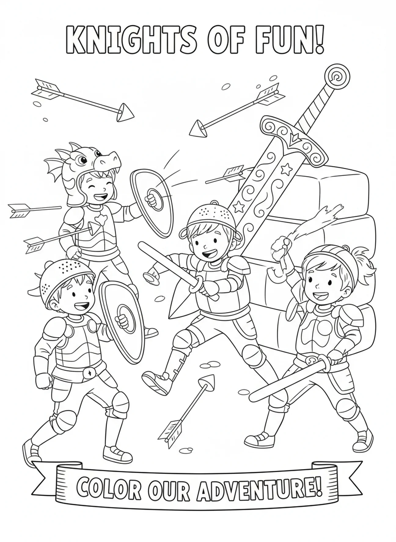 Niños defendiendo con armadura, Armadura de Dios, página para colorear para niños de 5 a 10 años