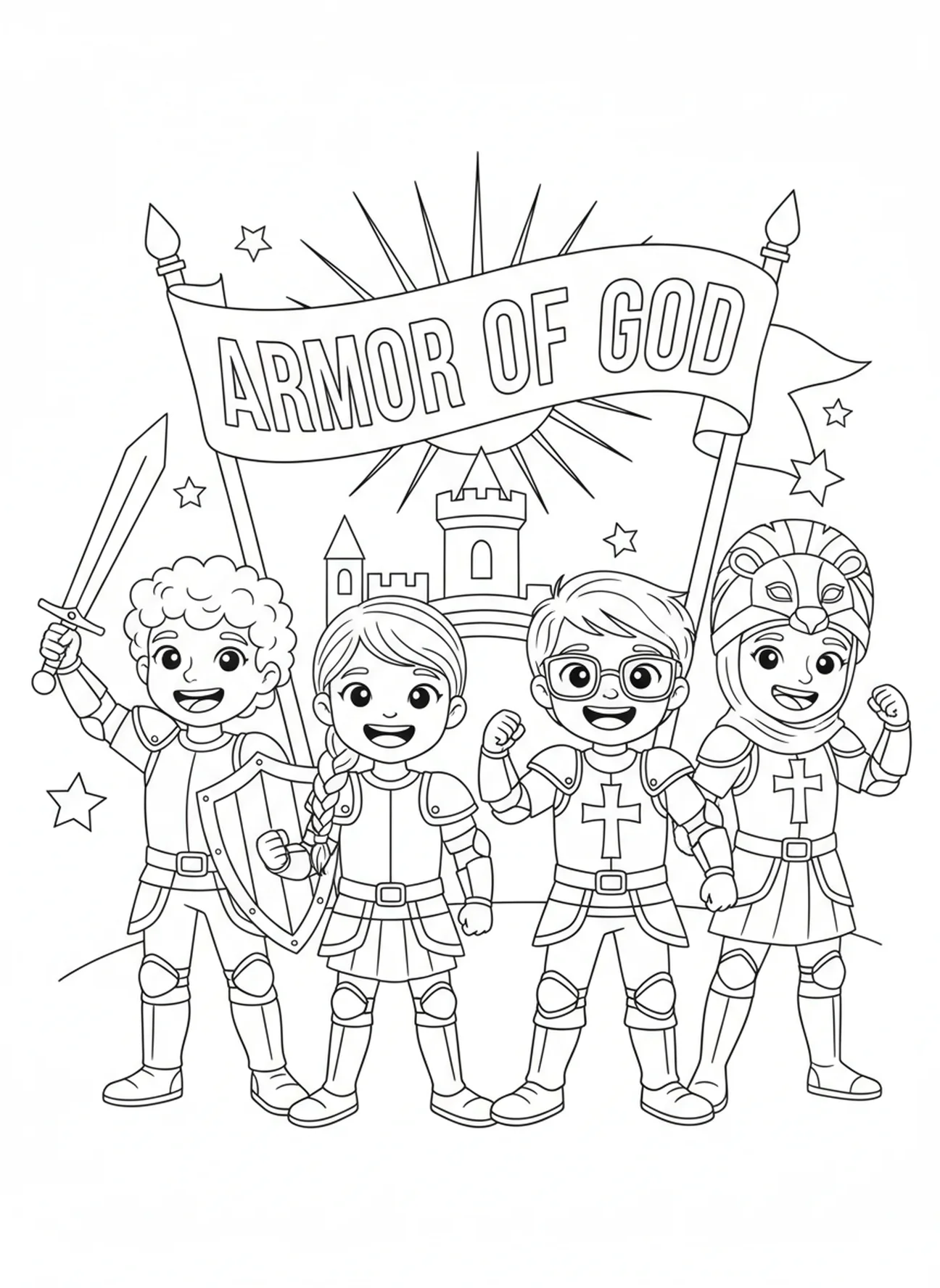 Niños diversos en armaduras, Página para colorear Armor Of God para niños de 5 a 10 años