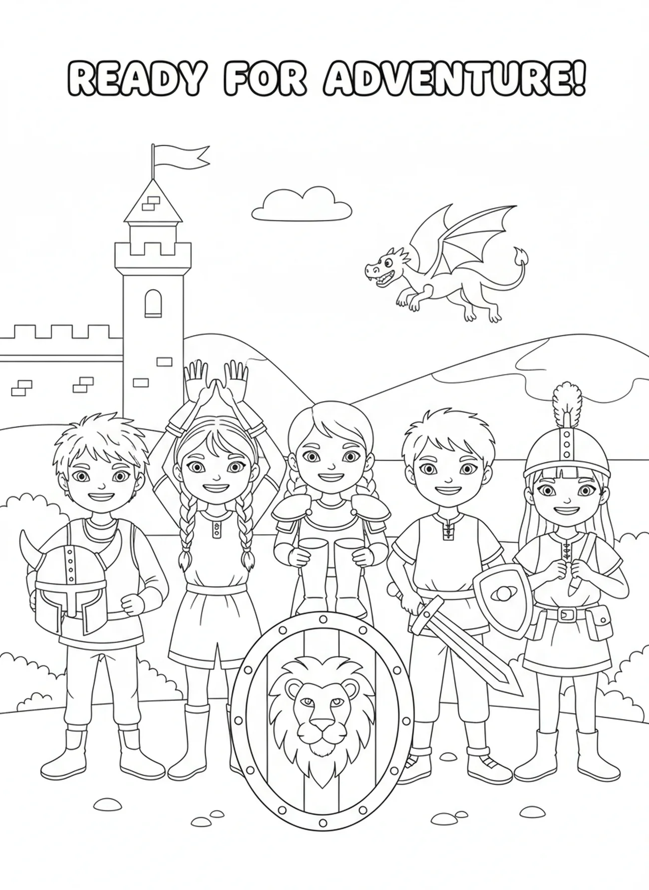 Grupo de niños con armadura, Página para colorear Armadura de Dios para niños de 5 a 10 años