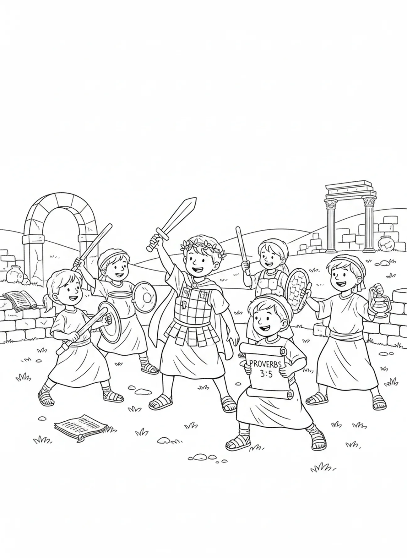 Enfant menant une scène de bataille avec des amis, Armure de Dieu Page à colorier pour les enfants de l'École du dimanche âgés de 5 à 12 ans.