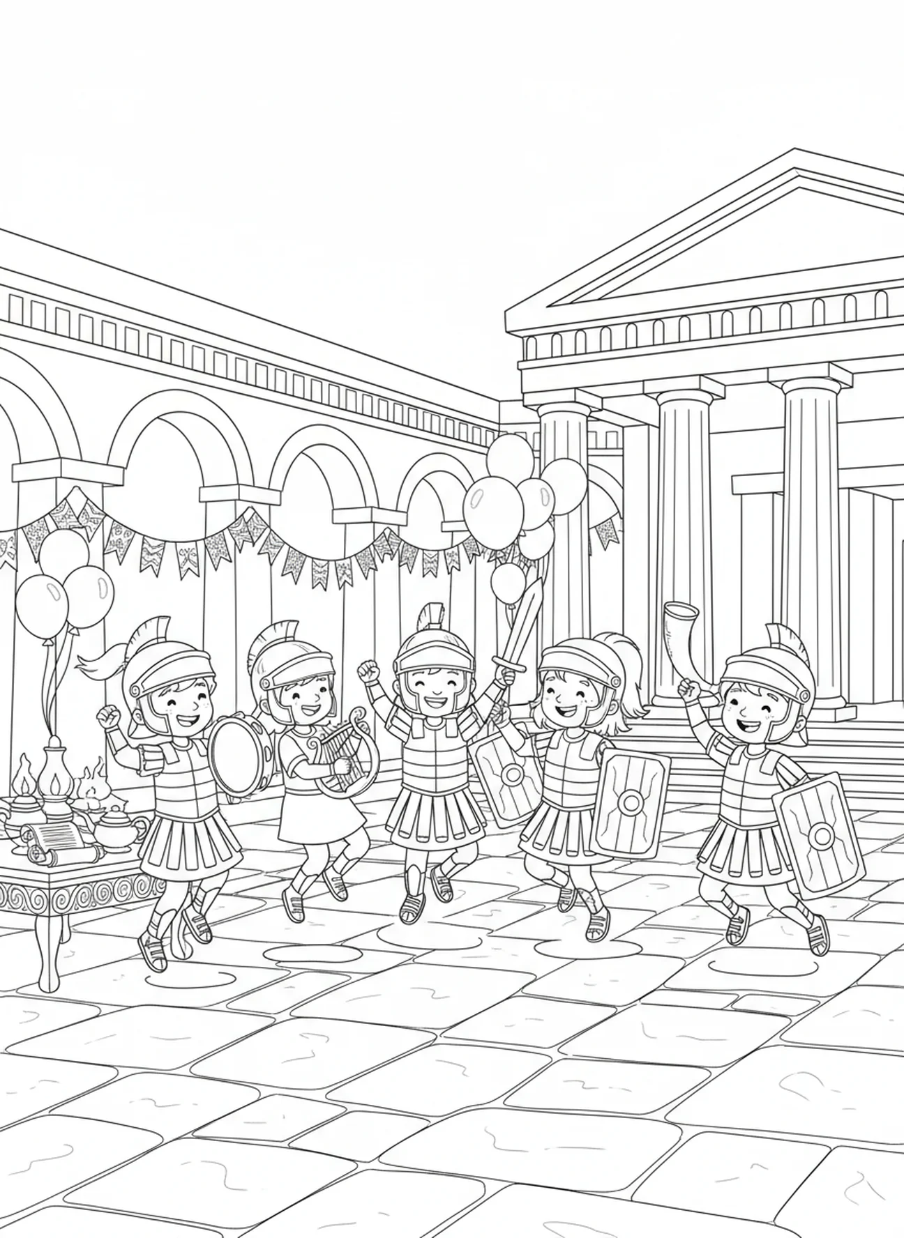 Enfant célébrant la foi avec des amis, page à colorier sur l'Armure de Dieu pour les enfants de l'École du dimanche âgés de 5 à 12 ans.