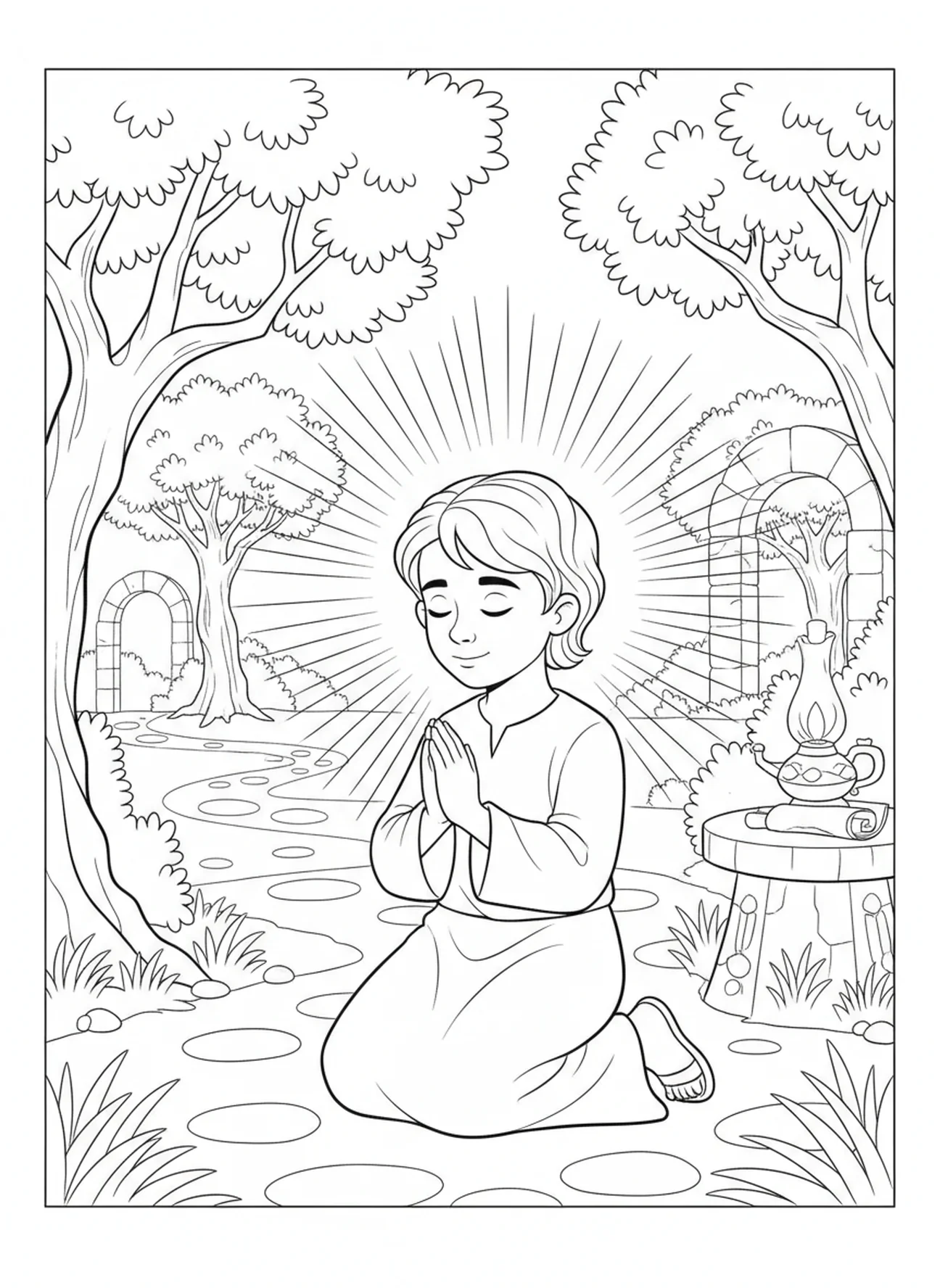 Enfant priant pour la force, page à colorier sur l'Armure de Dieu pour les enfants de l'École du dimanche âgés de 5 à 12 ans.