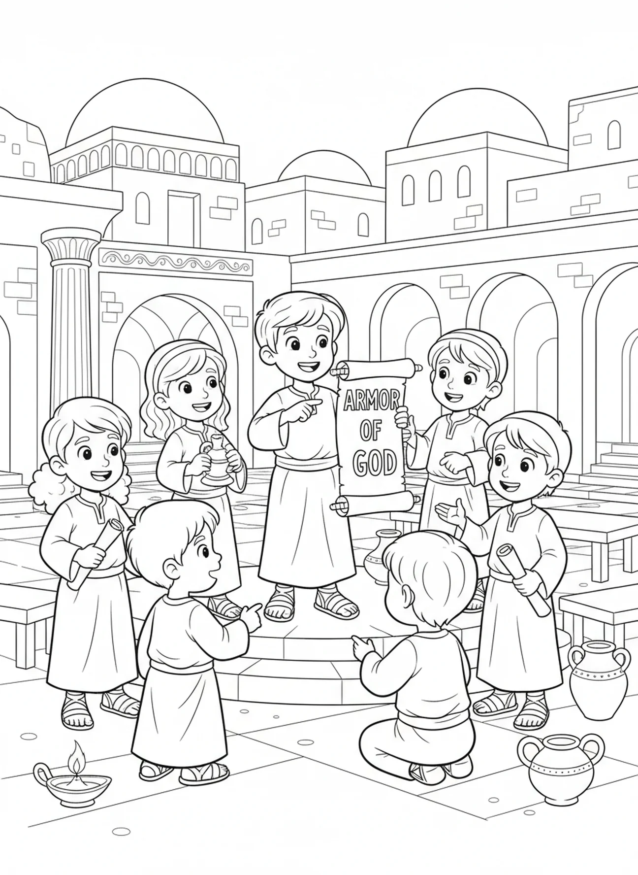 Enfant partageant le message de l'Armure de Dieu, page à colorier Armure de Dieu pour les enfants de catéchisme âgés de 5 à 12 ans.