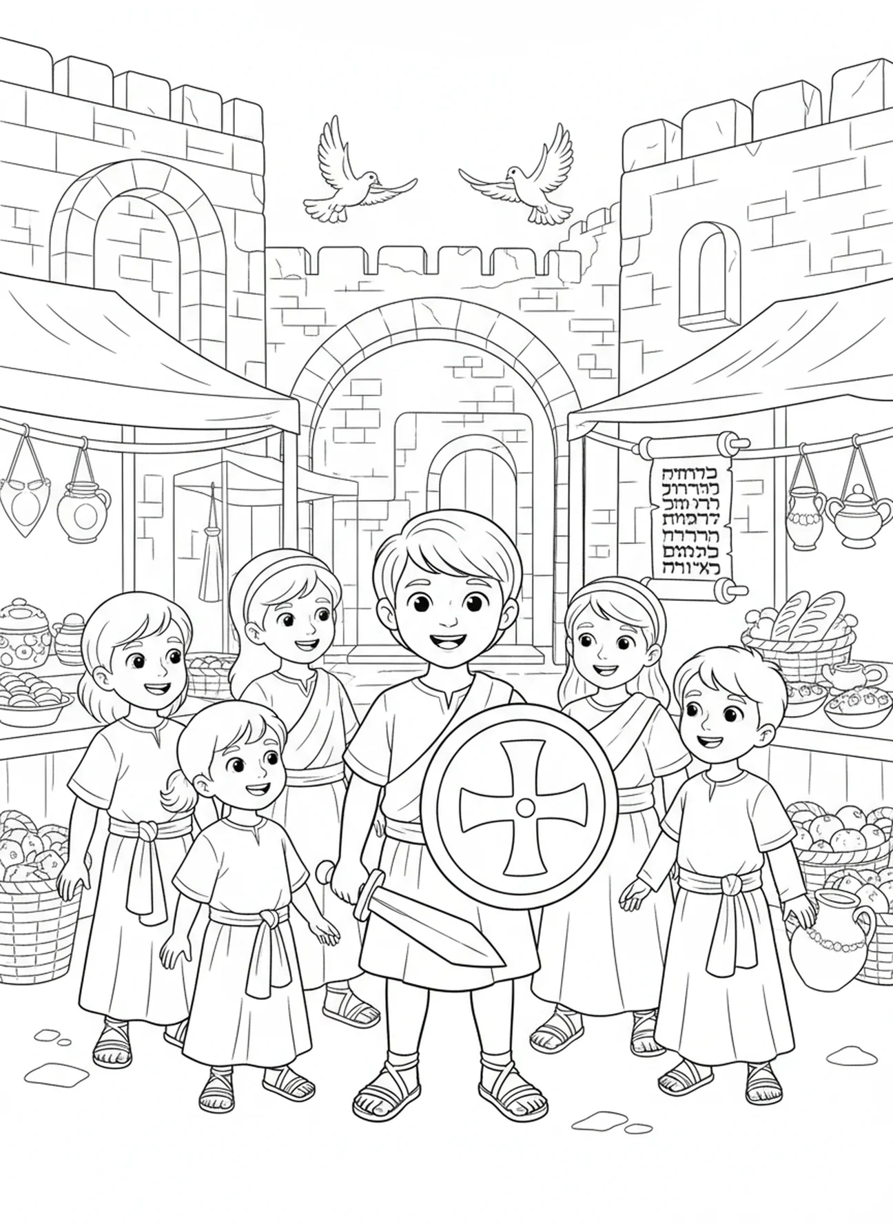 Enfant tenant un bouclier et une épée, page à colorier sur l'Armure de Dieu pour les enfants de catéchisme âgés de 5 à 12 ans.