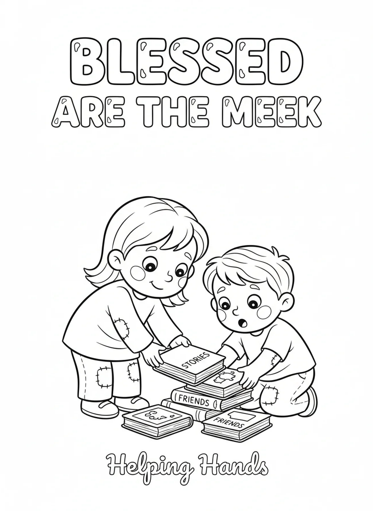Humble child helping friend, Beatitudes coloring page for kids age 5-10.