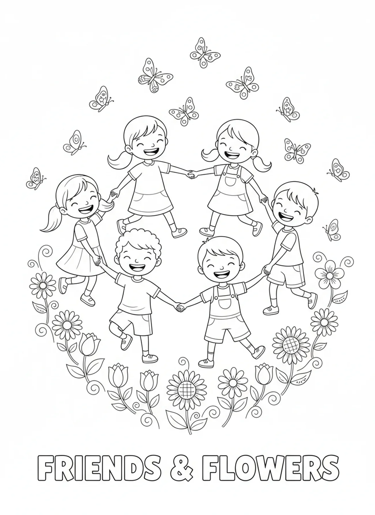 Gruppe von Kindern, die zusammen spielen, Ausmalbild zu 1. Korinther 13 für Kinder im Alter von 5-10 Jahren.