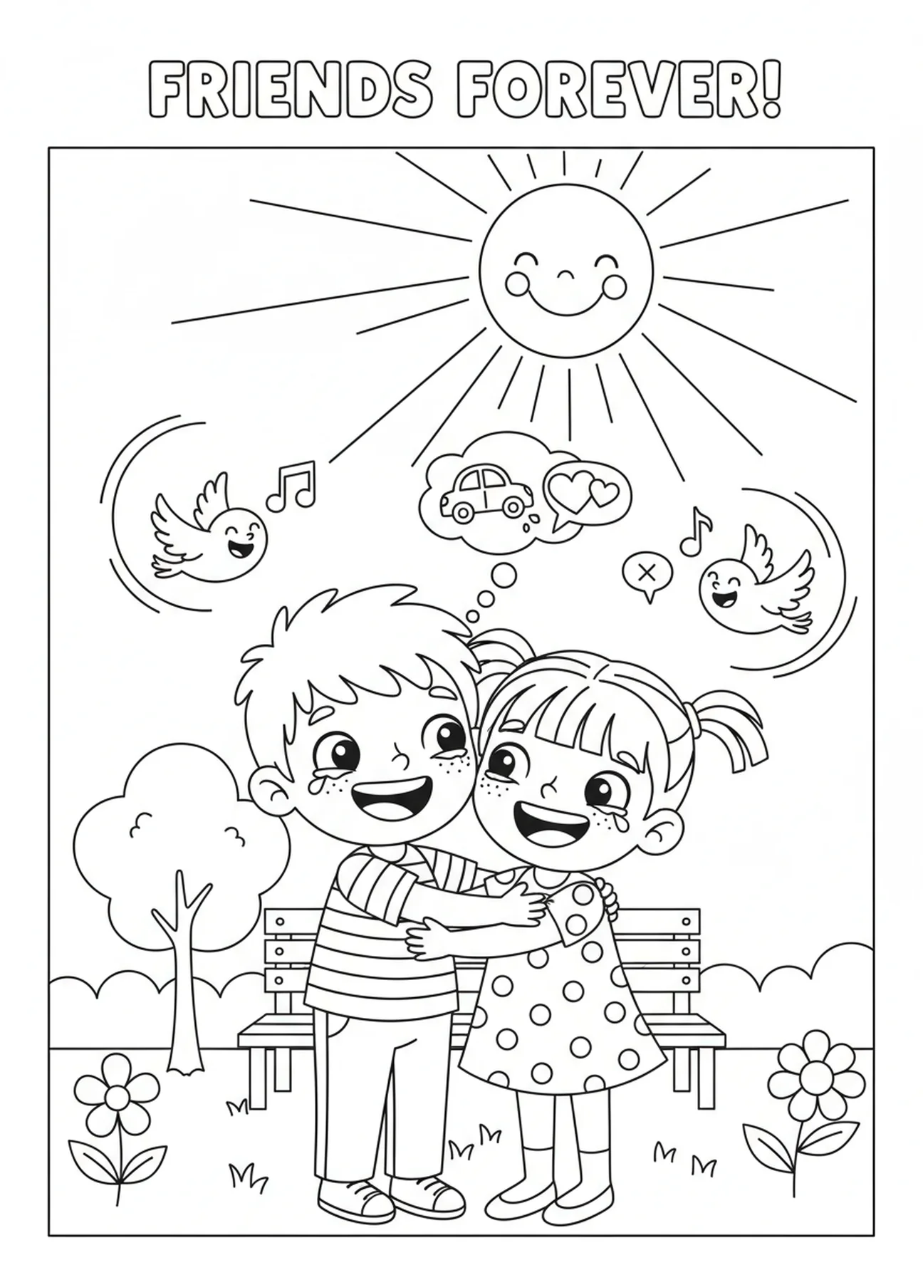 Kind umarmt Freund, Ausmalbild zu 1 Korinther 13 für Kinder im Alter von 5-10 Jahren.