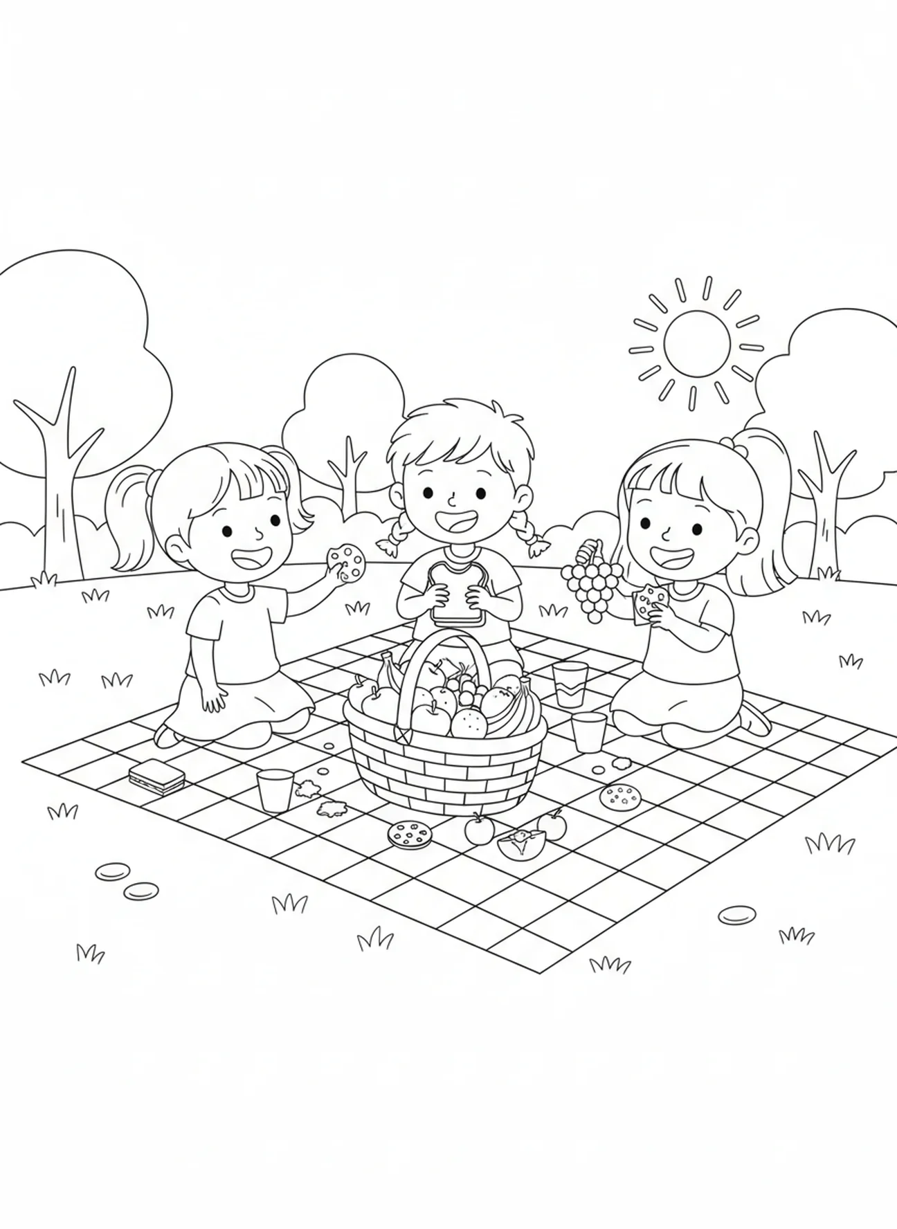 Kinder teilen Snacks, Ausmalbild zu 1 Korinther 13 für Kinder im Alter von 5-10 Jahren.