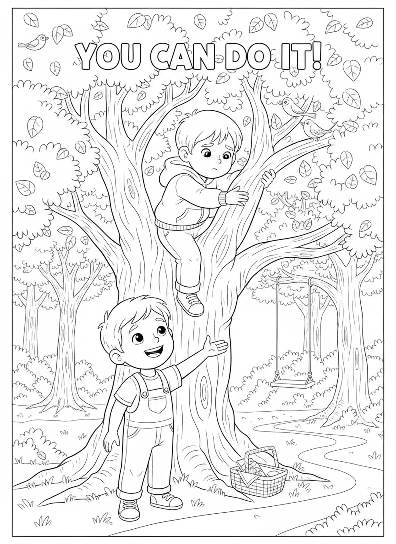 Kind ermutigt Freund beim Klettern auf einen Baum, Ausmalbild zu 1 Korinther 13 für Kinder im Alter von 5-10 Jahren.