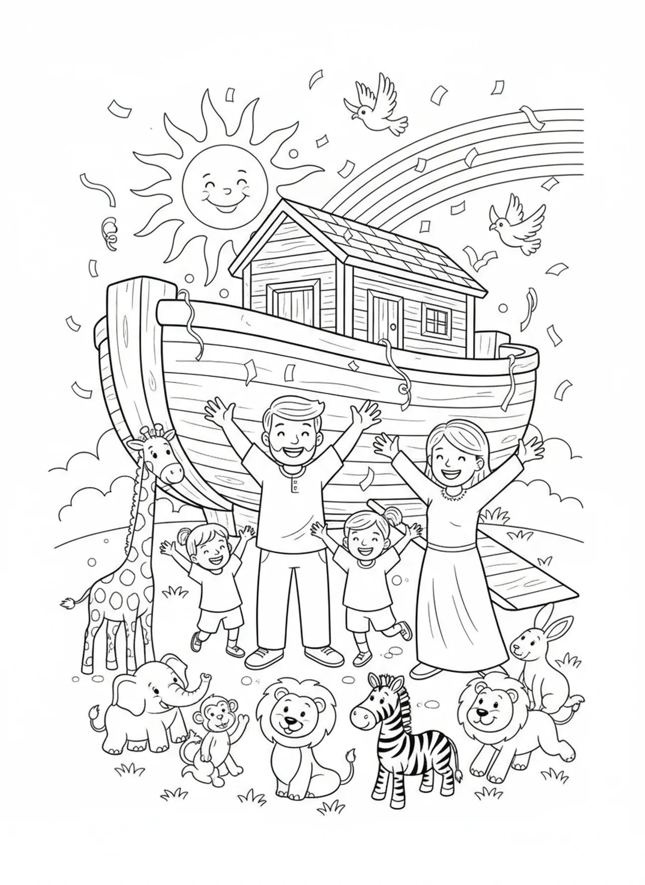 Família alegre celebrando, página para colorir de Isaías 40:31 para crianças de 5 a 10 anos.