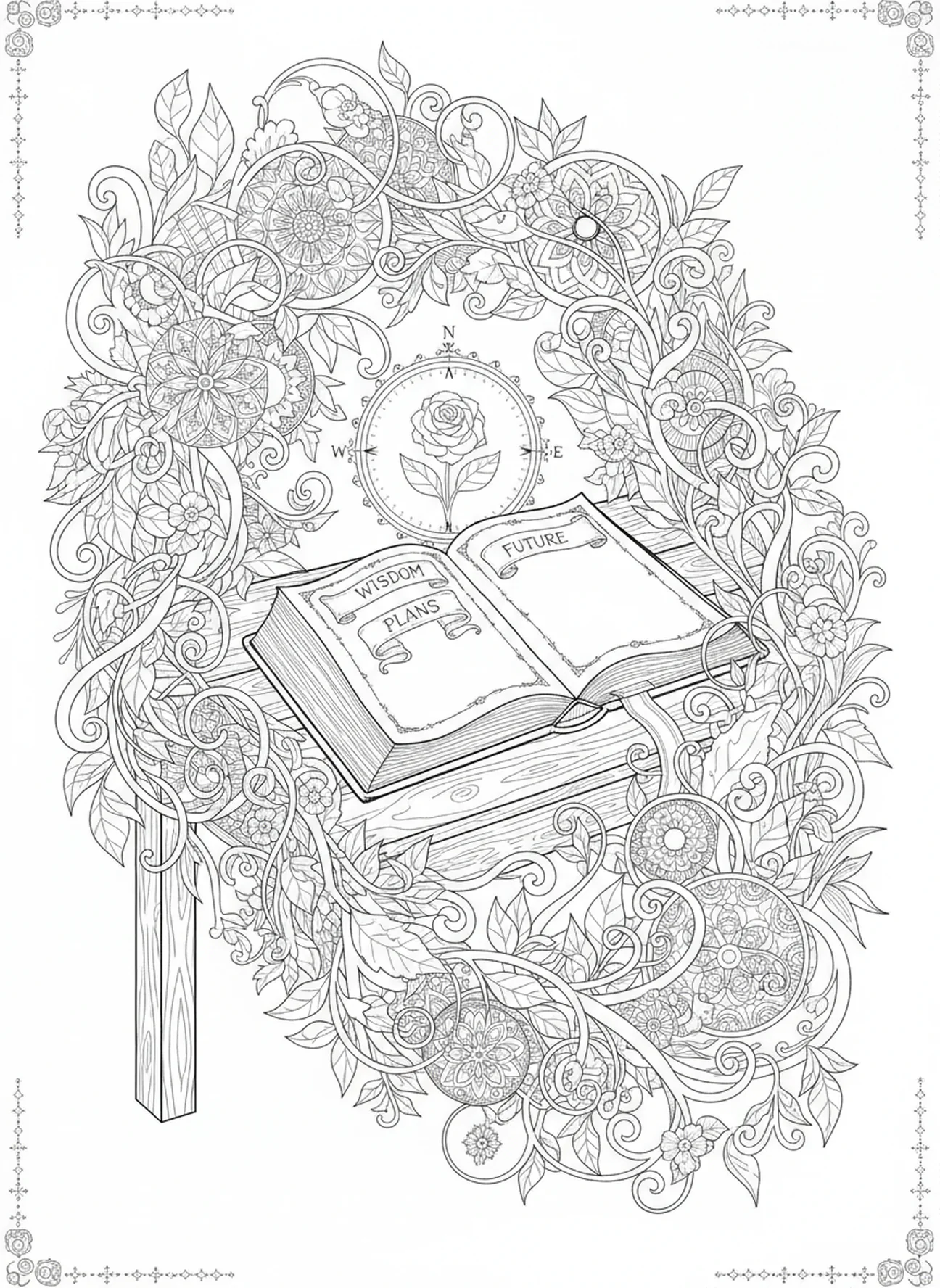 Otwarta księga i bujne rośliny, kolorowanka dla dorosłych z Jeremiasza 29:11 w stylu dziennika biblijnego.