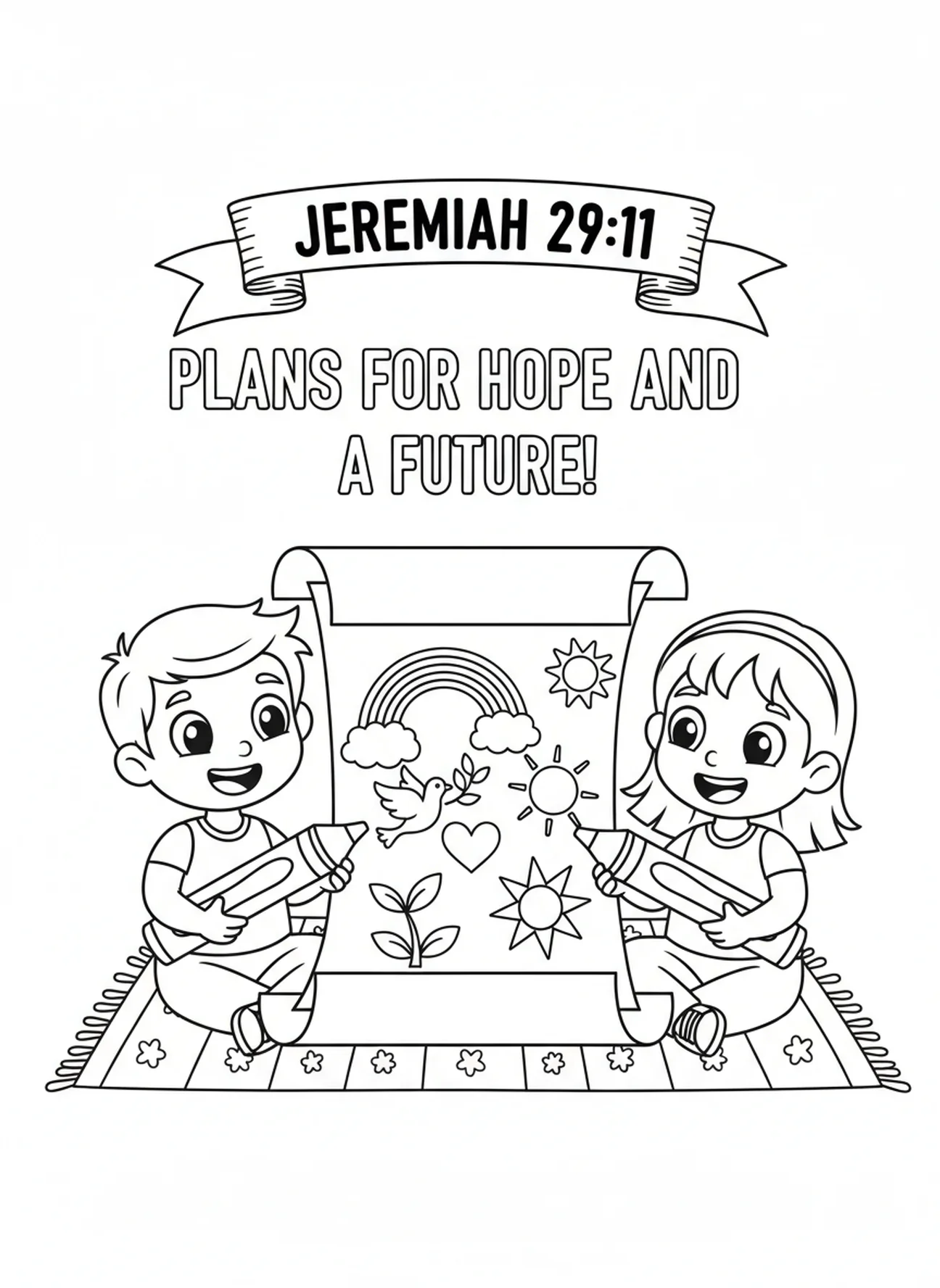 Crianças desenhando símbolos de esperança, página para colorir Jeremias 29:11 para crianças de 5 a 10 anos