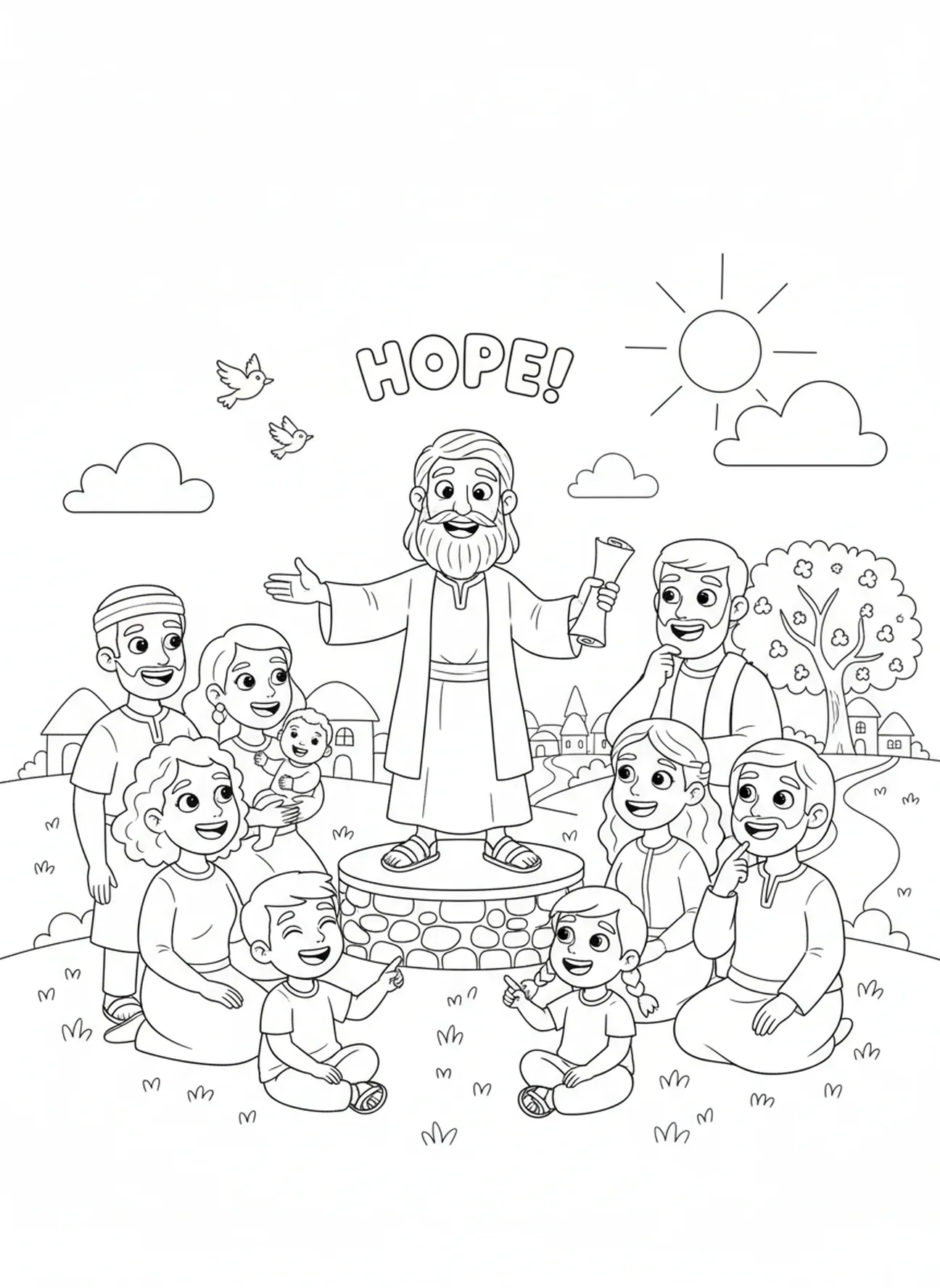 Grupo de pessoas ouvindo Jeremias, página para colorir Jeremias 29:11 para crianças de 5 a 10 anos