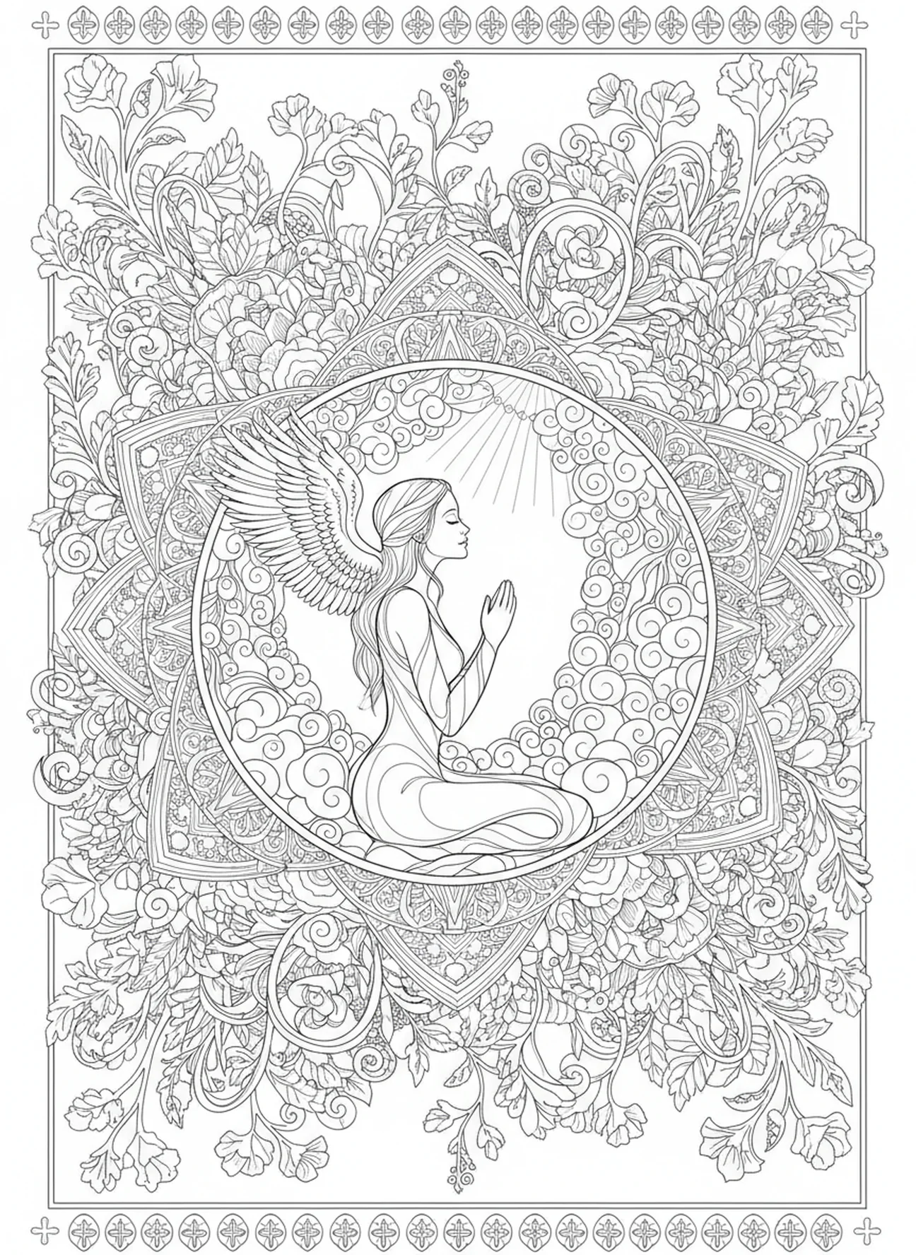 Pessoa orando cercada por padrões celestiais, página de colorir João 3:16 para adultos no estilo de journaling bíblico.