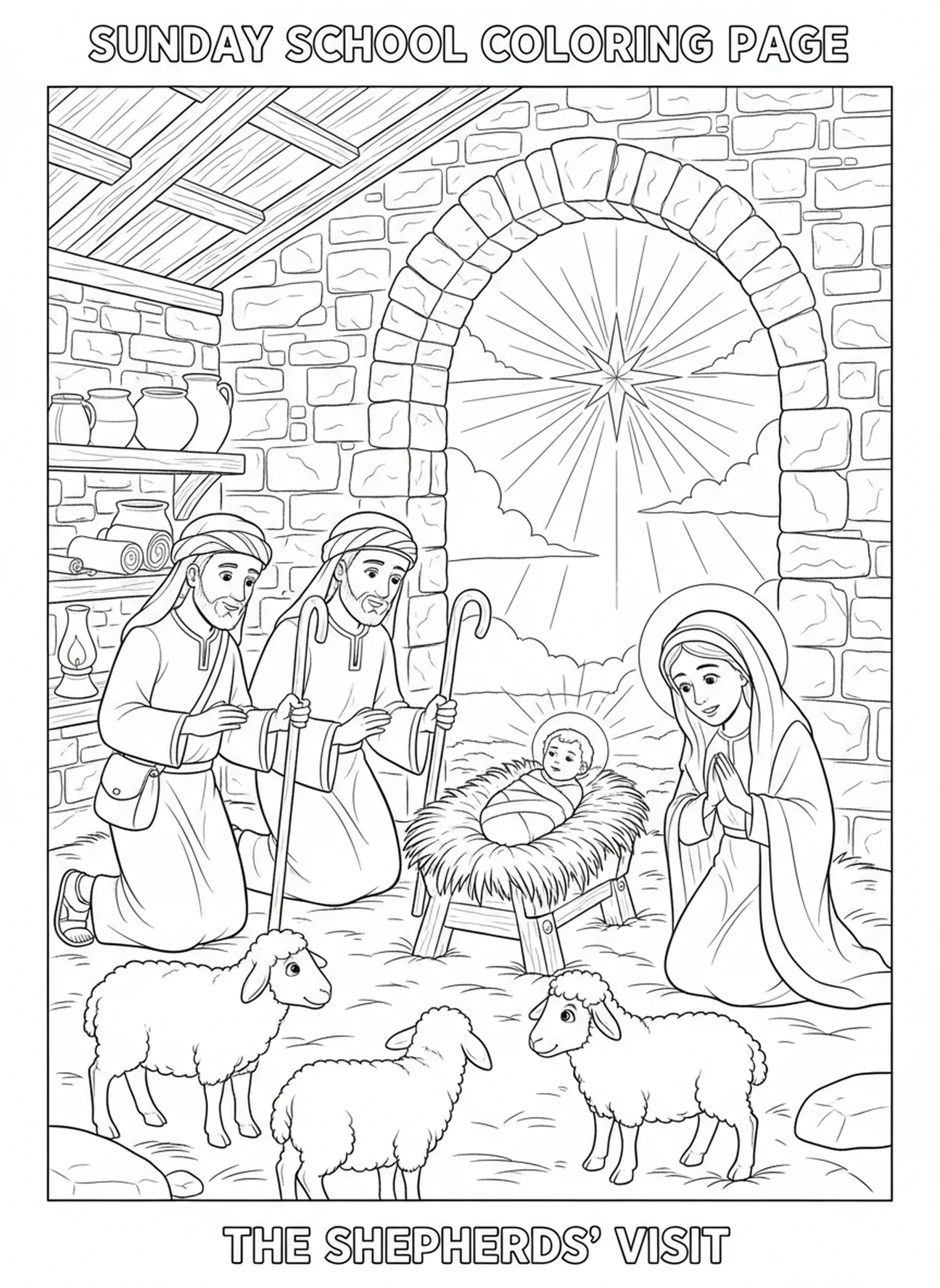 Caixa de presente transbordando de luz, página para colorir João 3:16 no estilo de journaling bíblico para adultos.