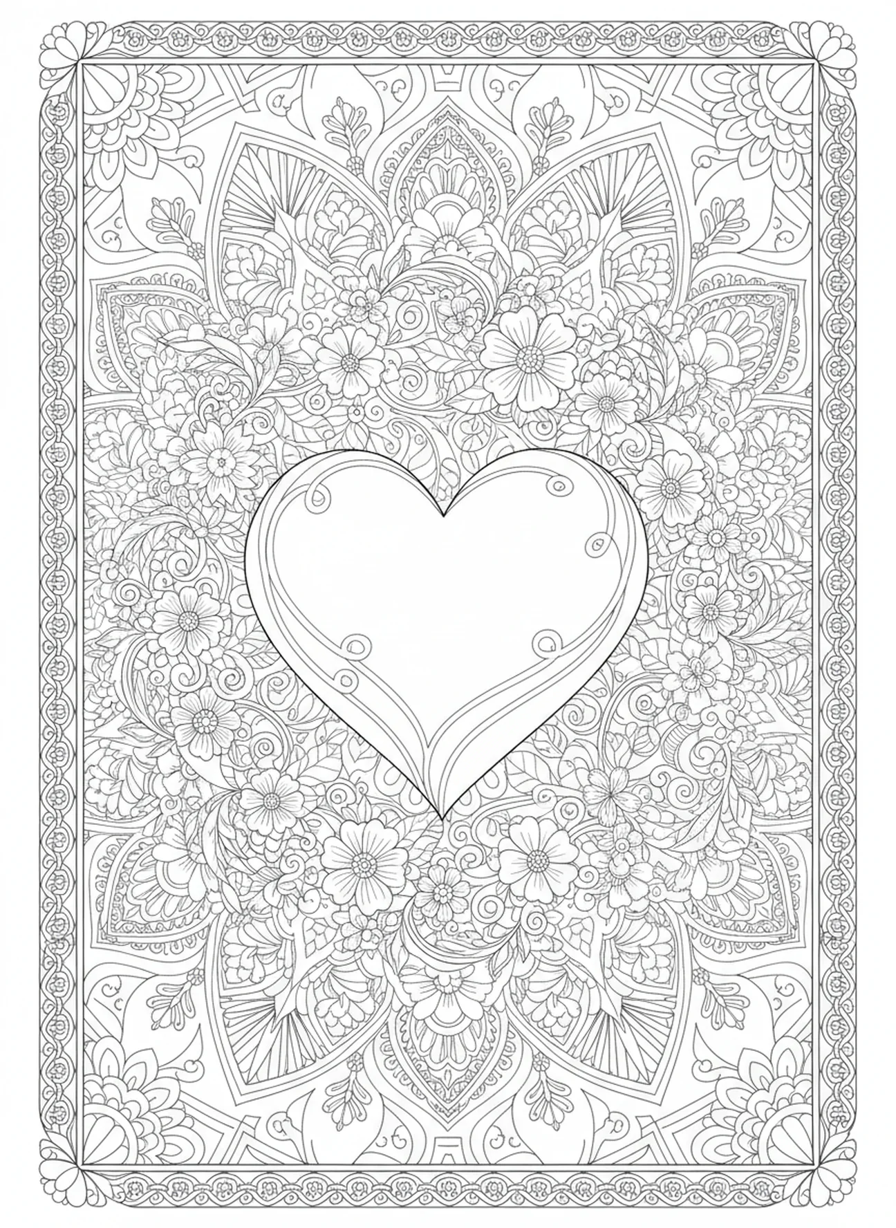 Coração cercado por uma coroa floral, página para colorir João 3:16 no estilo de journaling bíblico para adultos.