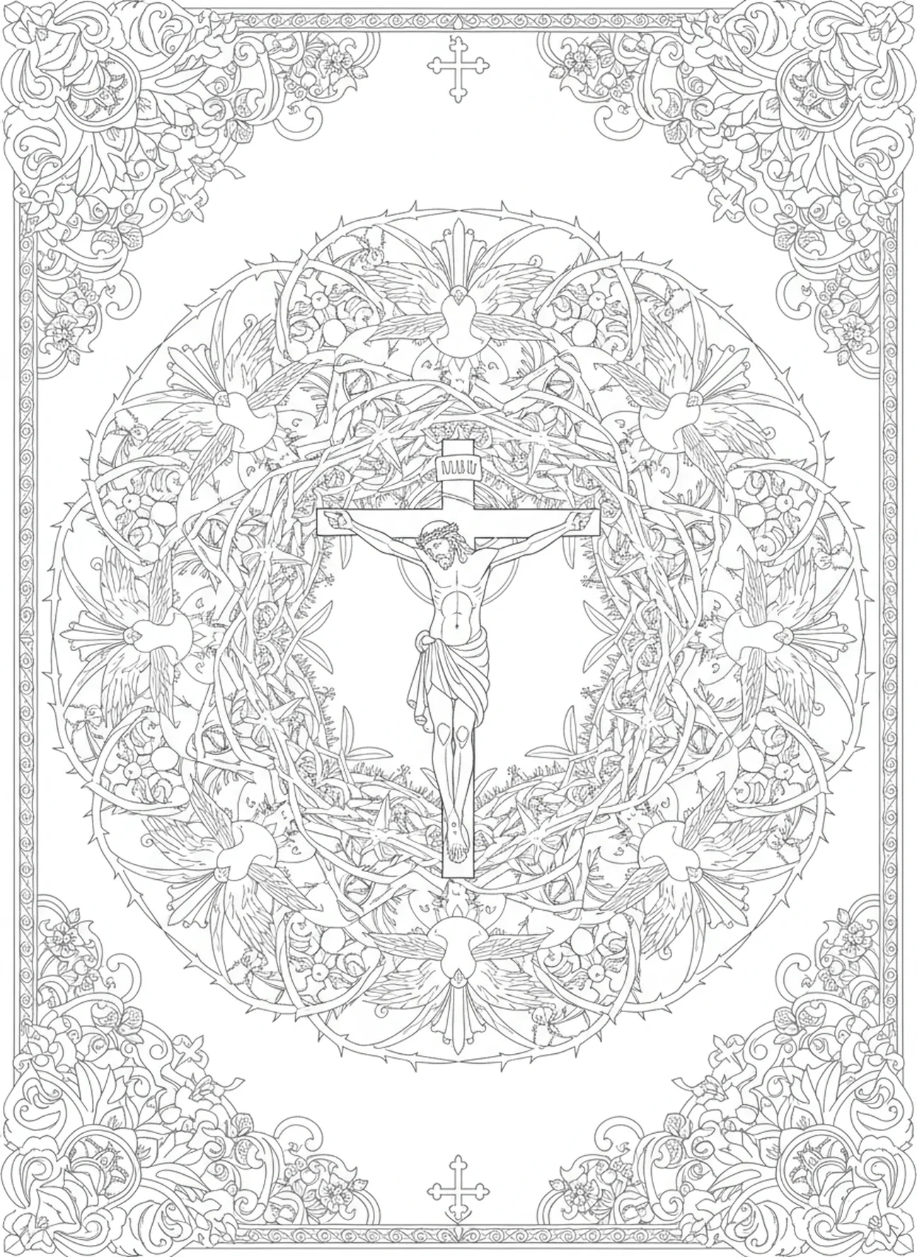 Cena da crucificação com padrões intrincados, página para colorir João 3:16 no estilo de journaling bíblico para adultos.