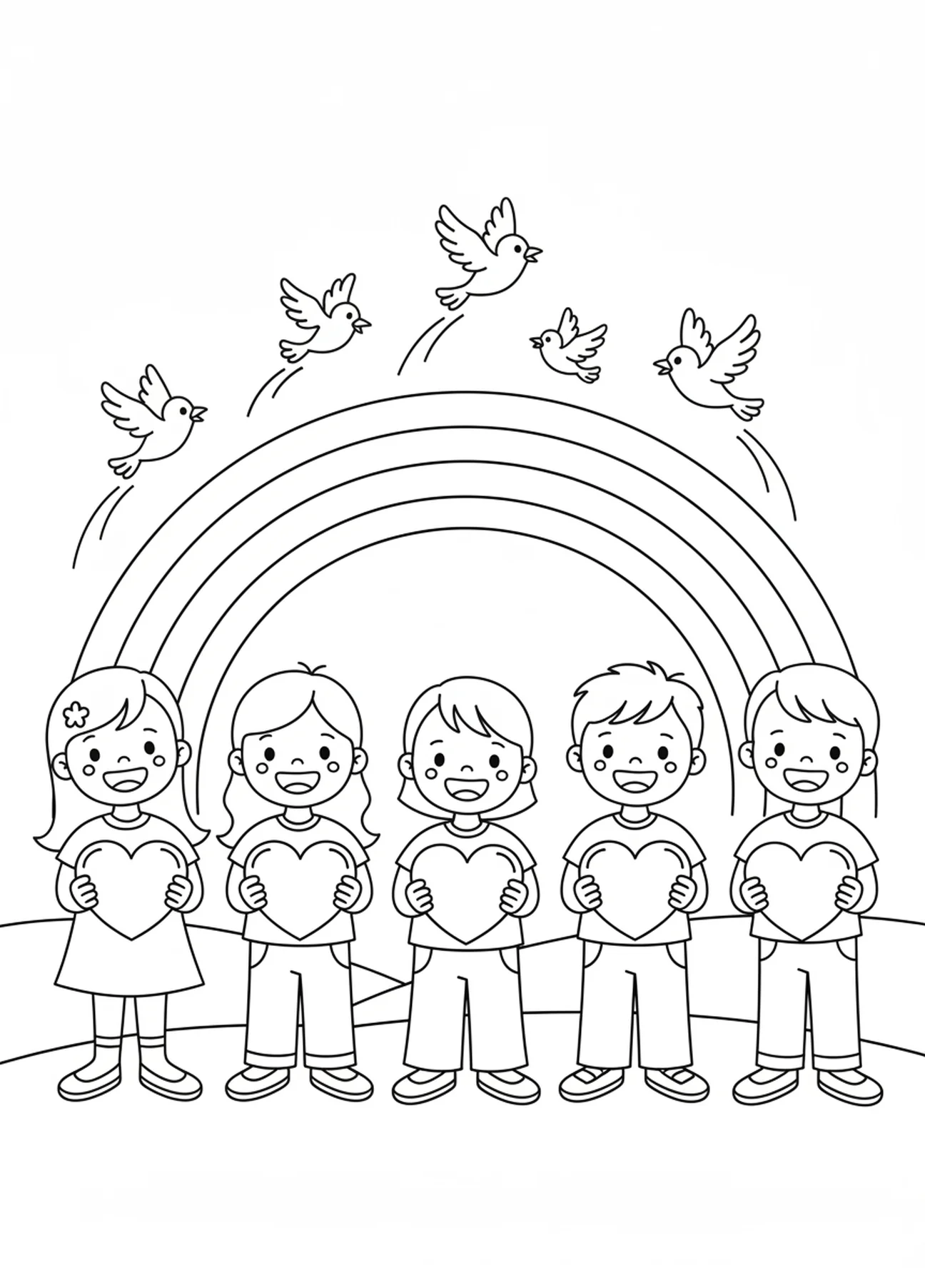 Happy children with hearts, John 3 16 coloring page for kids age 5-10