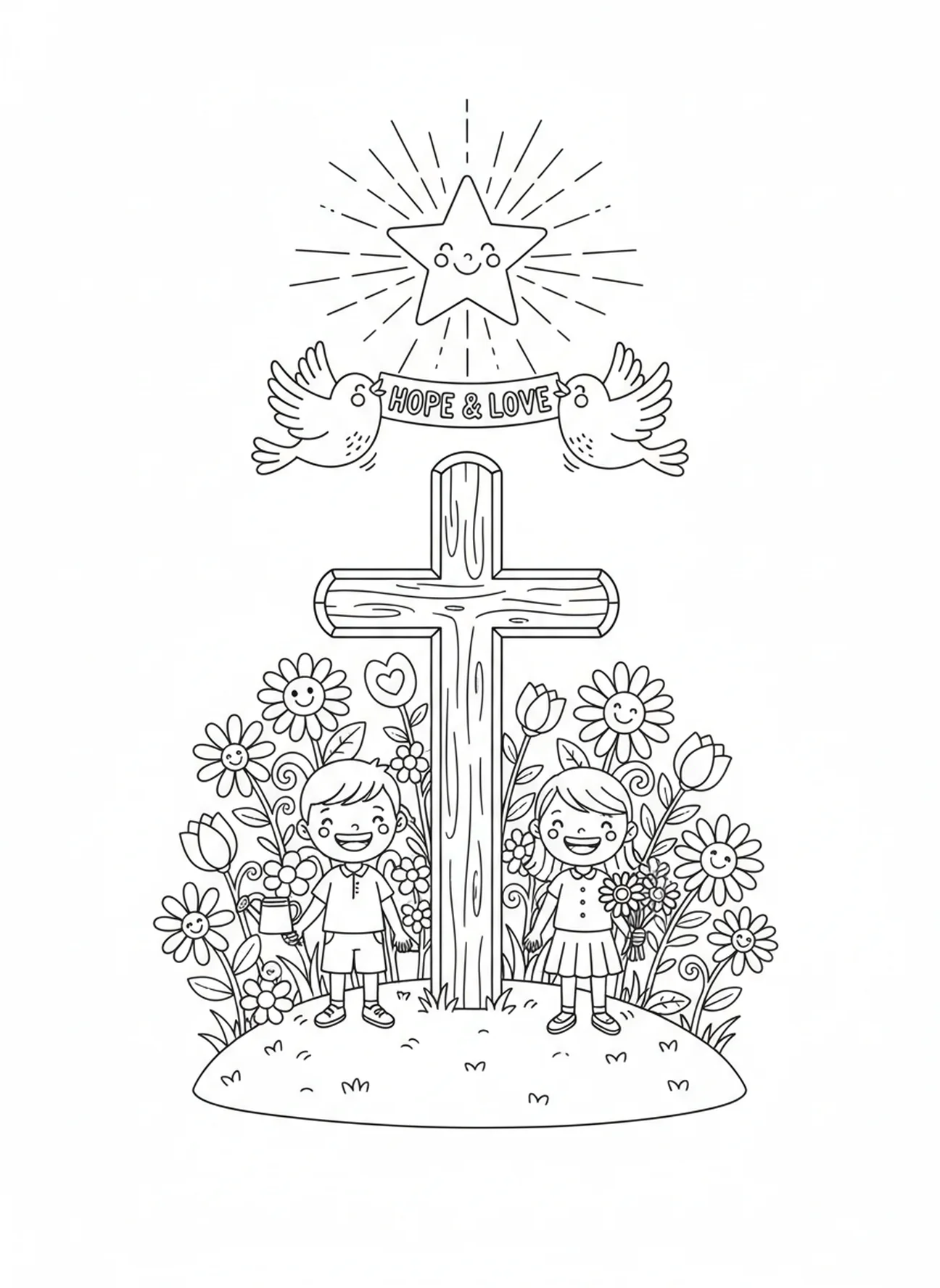 Large wooden cross with flowers, John 3 16 coloring page for kids age 5-10