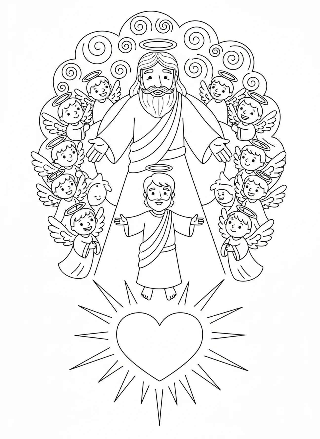 God reaching down from clouds, John 3 16 coloring page for kids age 5-10