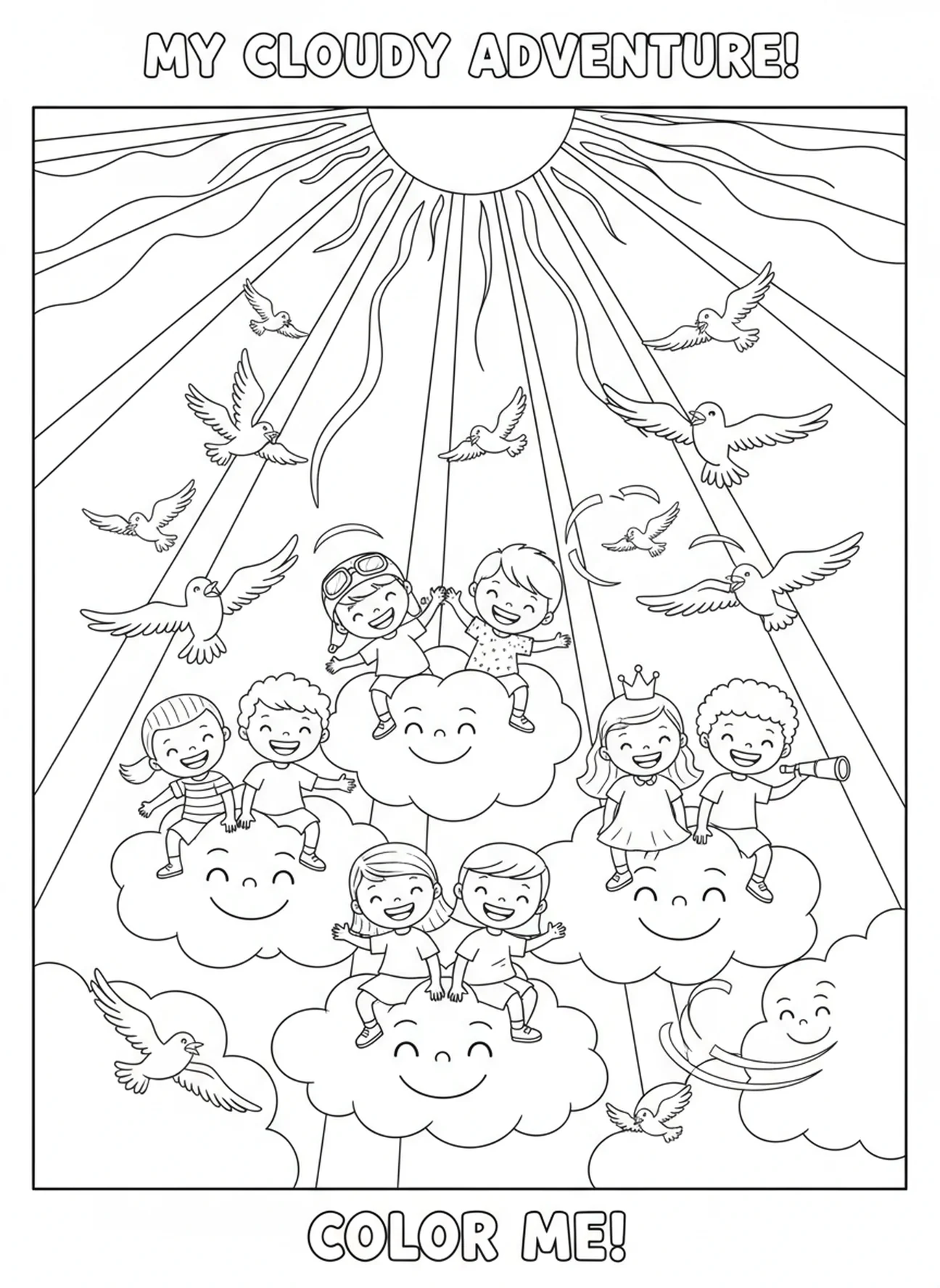 Children riding on clouds, John 3 16 coloring page for kids age 5-10