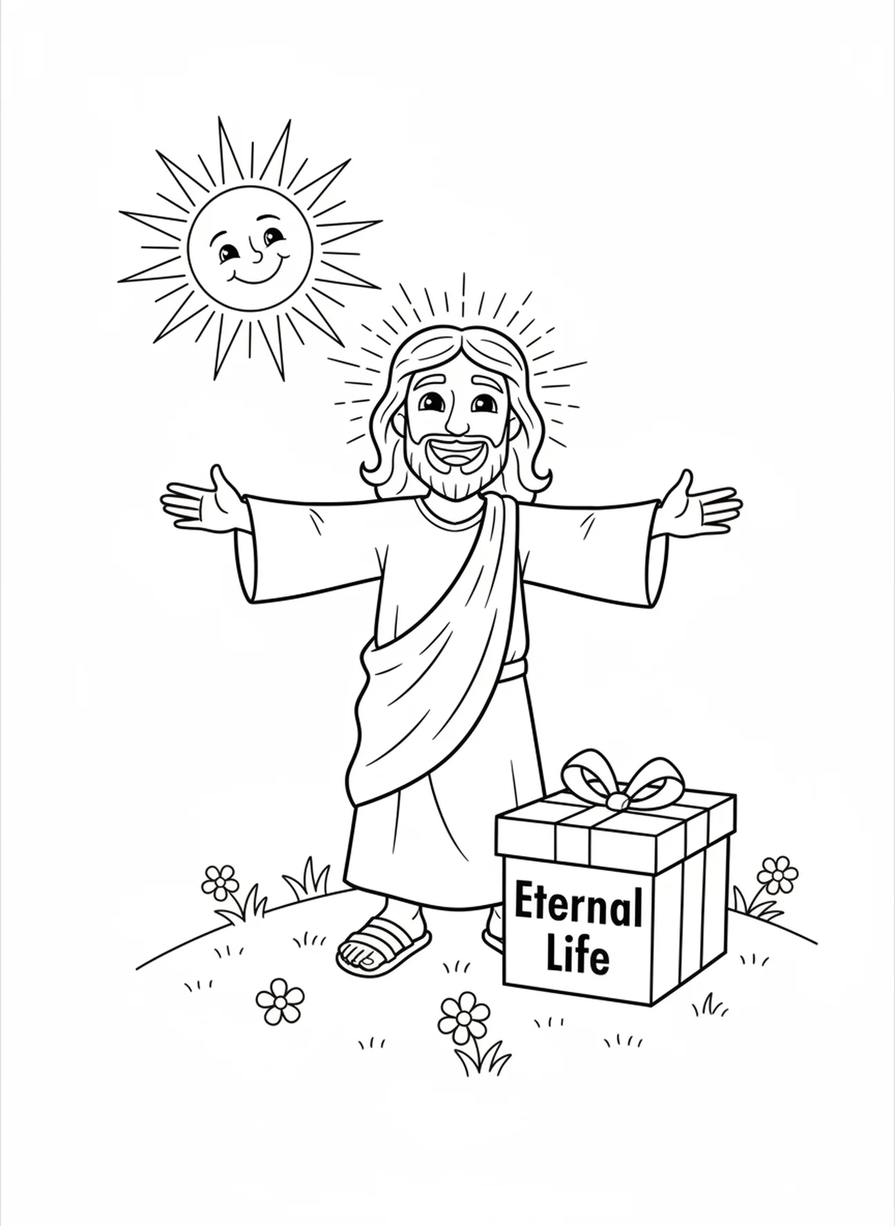 Jesus with gift box, John 3 16 coloring page for kids age 5-10
