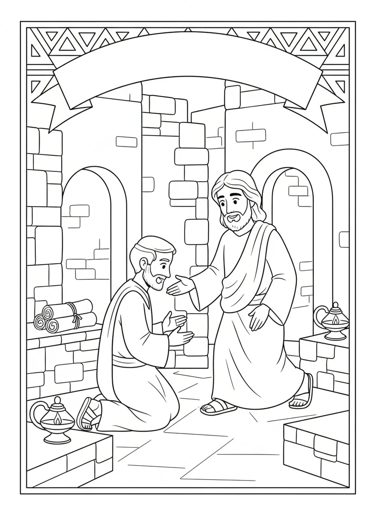 Nicodemo arrodillado ante Jesús, página para colorear de Juan 3:16 para niños de Escuela Dominical de 5 a 12 años.